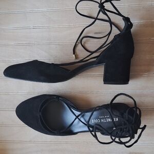 Kenneth Cole New York Tonniane Black Suede Wrap Around Ankle Lace Up Block Heel